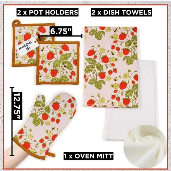 Muldale Oven Mitt and Kitchen Towel Set. Strawberry Dish and Pot Holders. - Picture 8 of 10